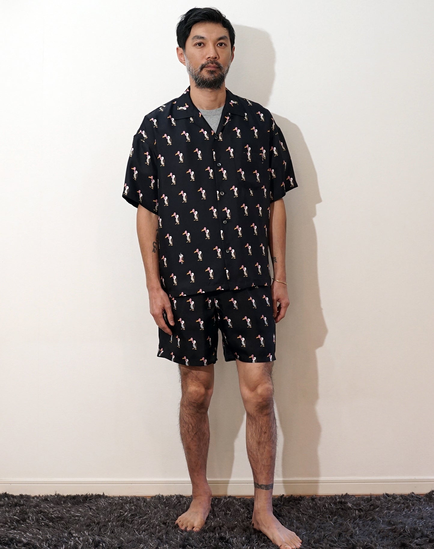 OTT21-03a HAGETAKA INKJET PRINT SILK100% H/S SHIRTS (BLK)