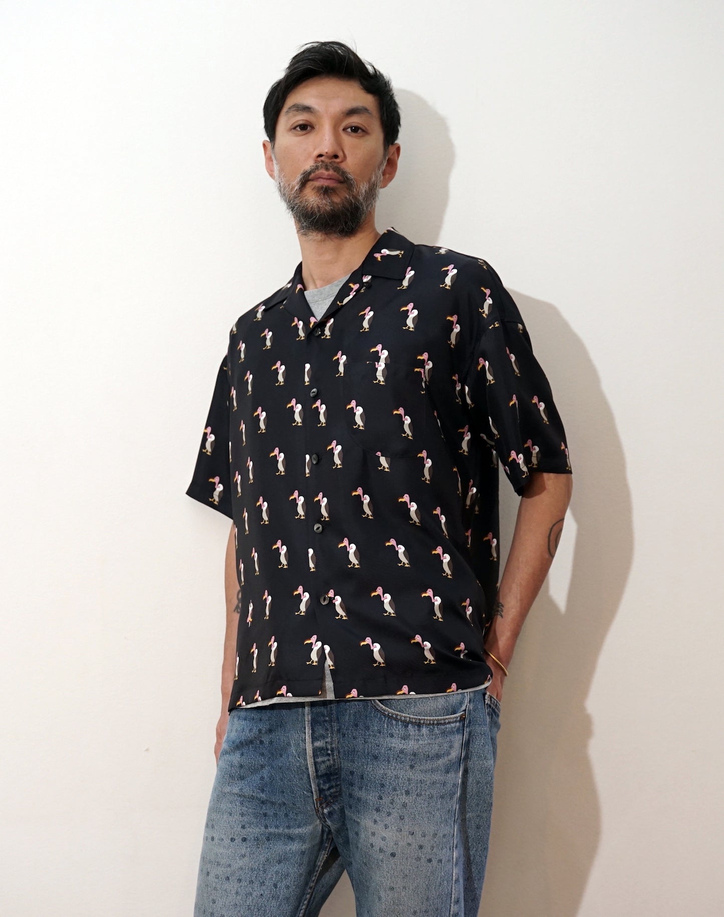 OTT21-03a HAGETAKA INKJET PRINT SILK100% H/S SHIRTS (BLK)