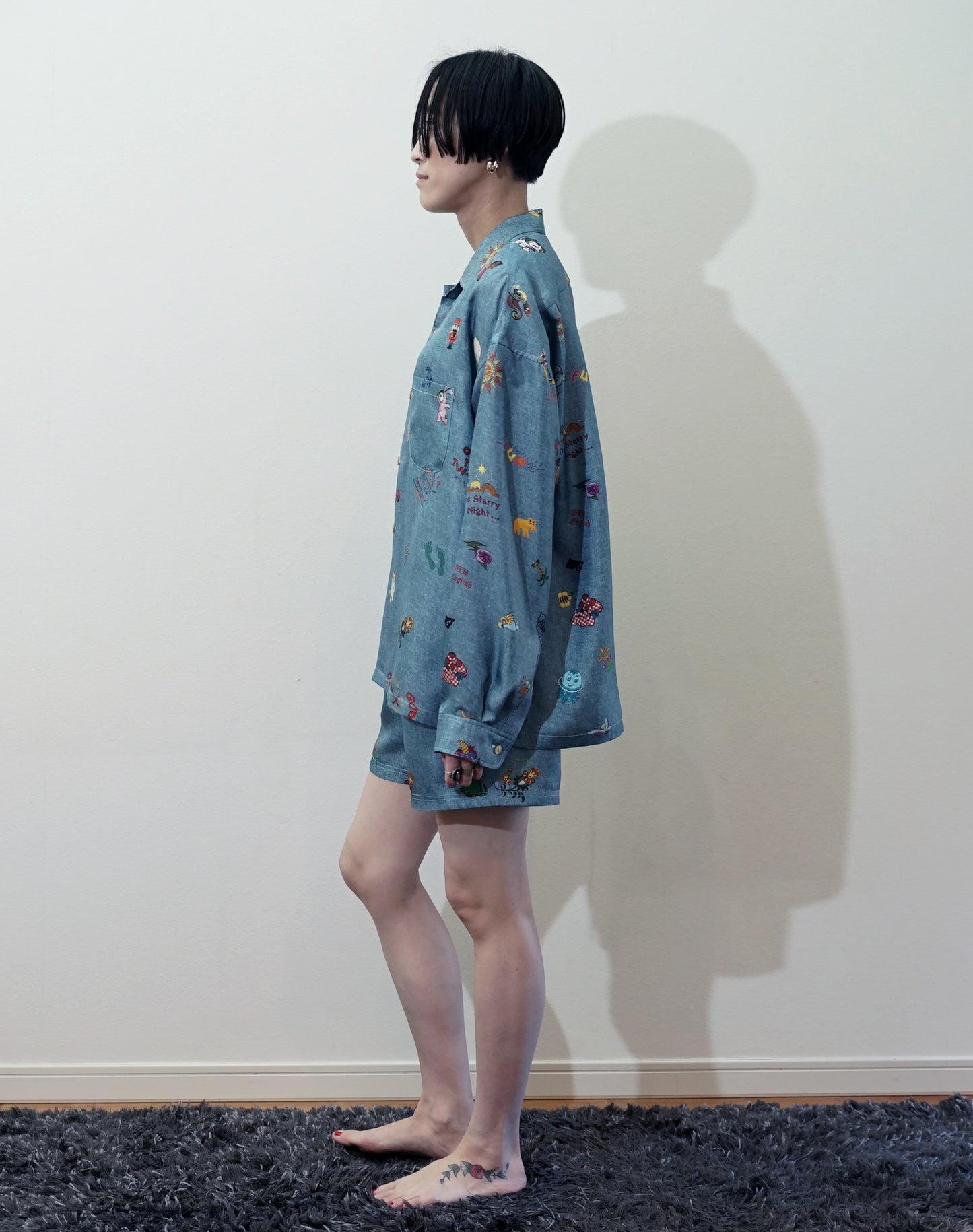 OTT21-08a FOLK ART INKJET PRINT SILK100% L/S SHIRTS (BLUE)