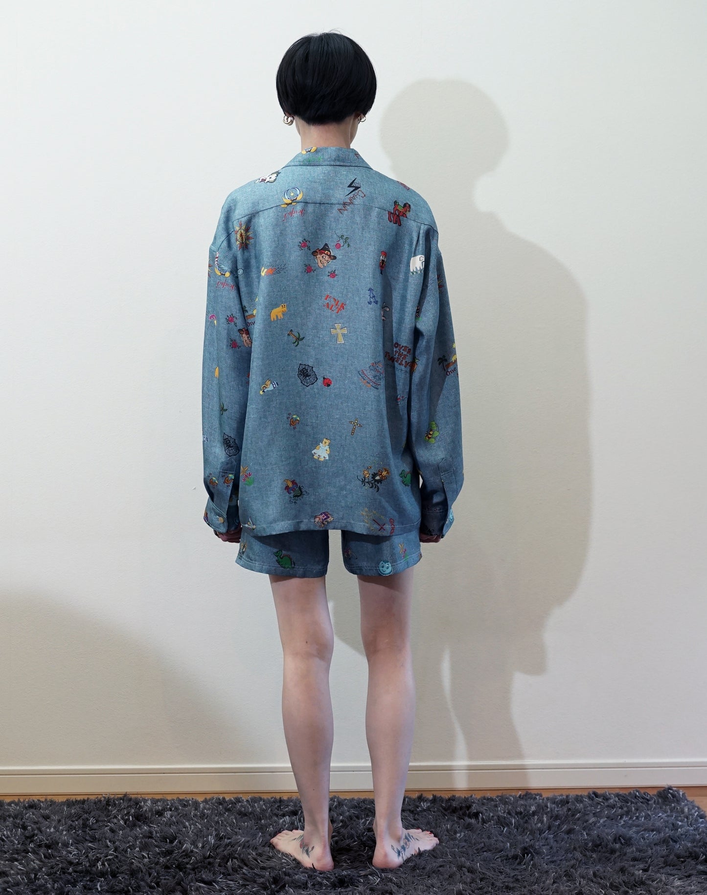 OTT21-08a FOLK ART INKJET PRINT SILK100% L/S SHIRTS (BLUE)
