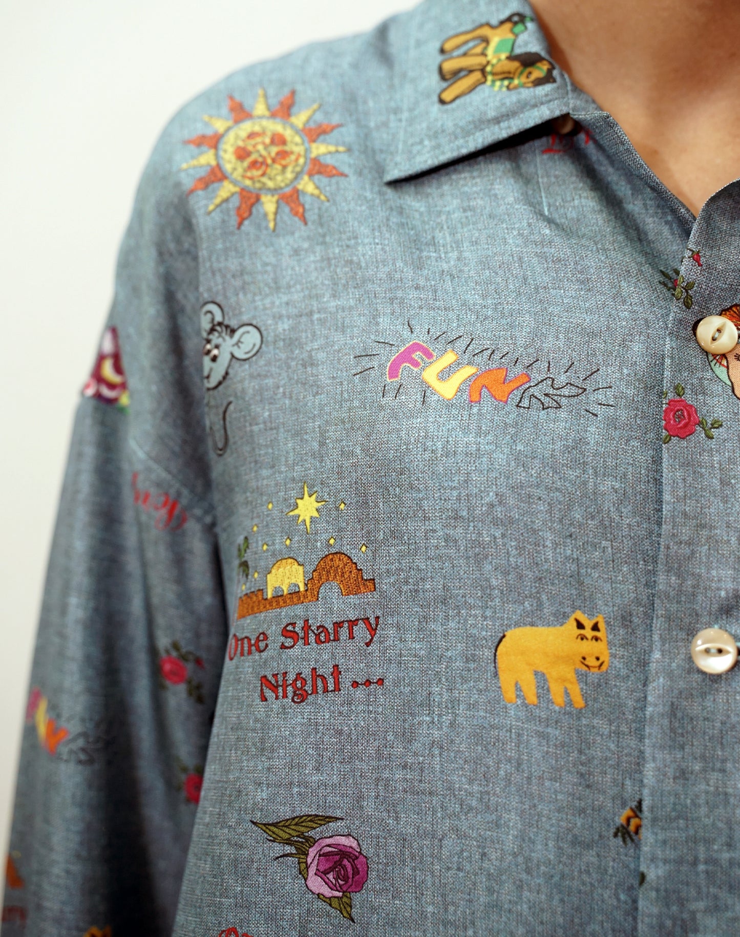 OTT21-08a FOLK ART INKJET PRINT SILK100% L/S SHIRTS (BLUE)