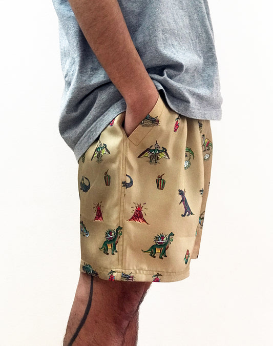 OTT18-15 SILK100%INKJET Working Dinosaurs PRINT SHORTS