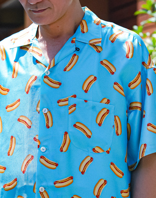 OTT19-01 SILK100%INKJET HOTDOG PRINT SHIRTS SKY