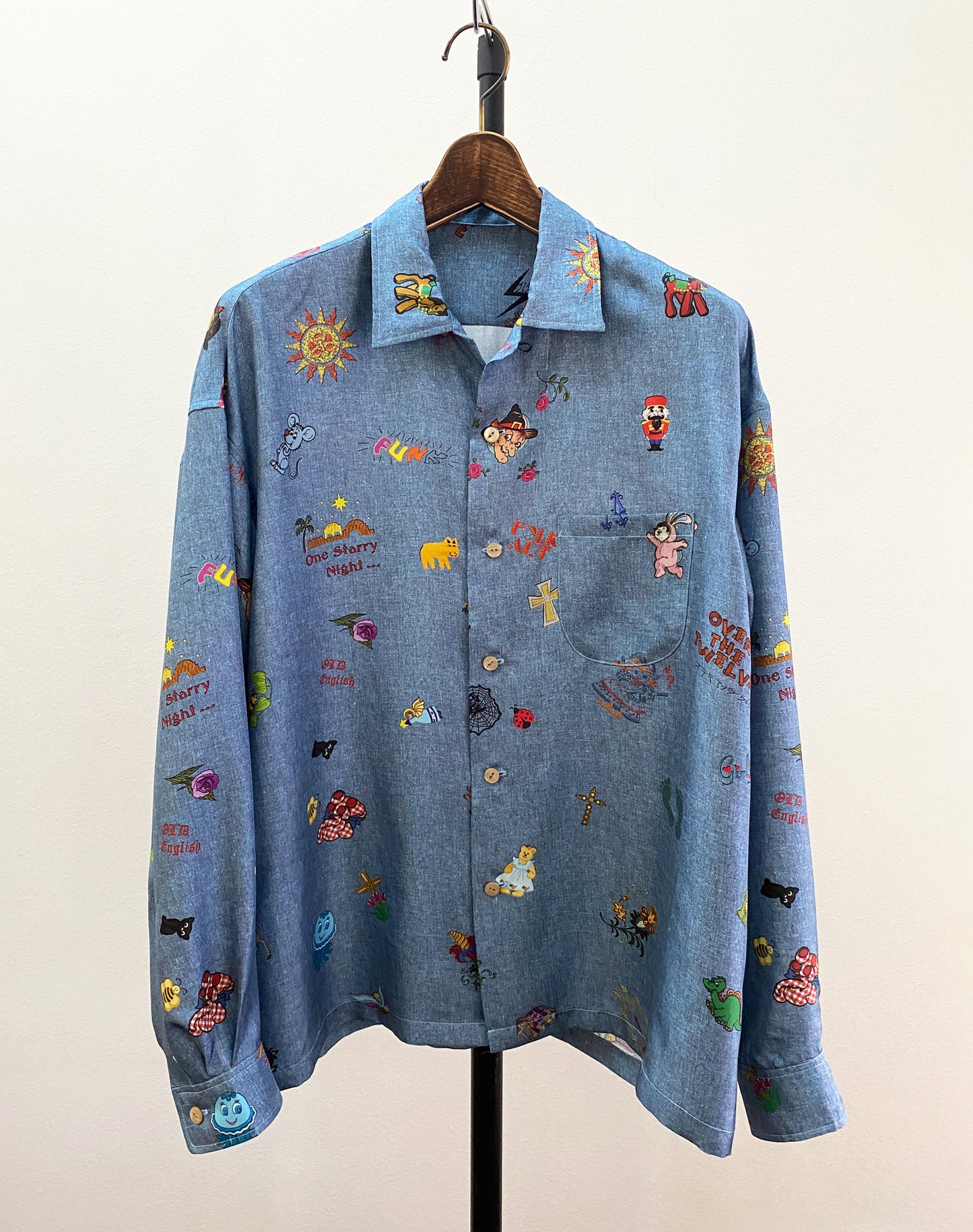 OTT21-08a  FOLK ART INKJET PRINT SILK100% L/S SHIRTS (BLUE)