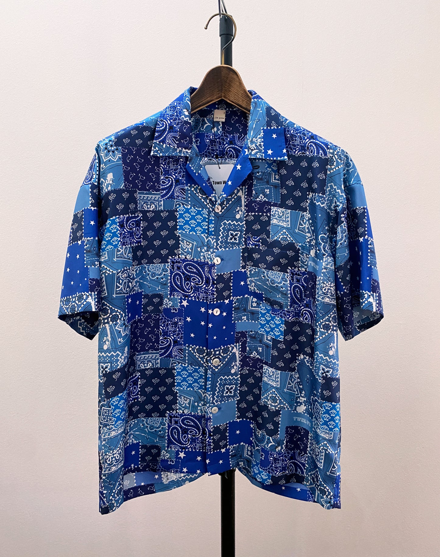 OTT21-09b BD PATCHWORK INKJET PRINT SILK100% SHIRTS (BLUE)