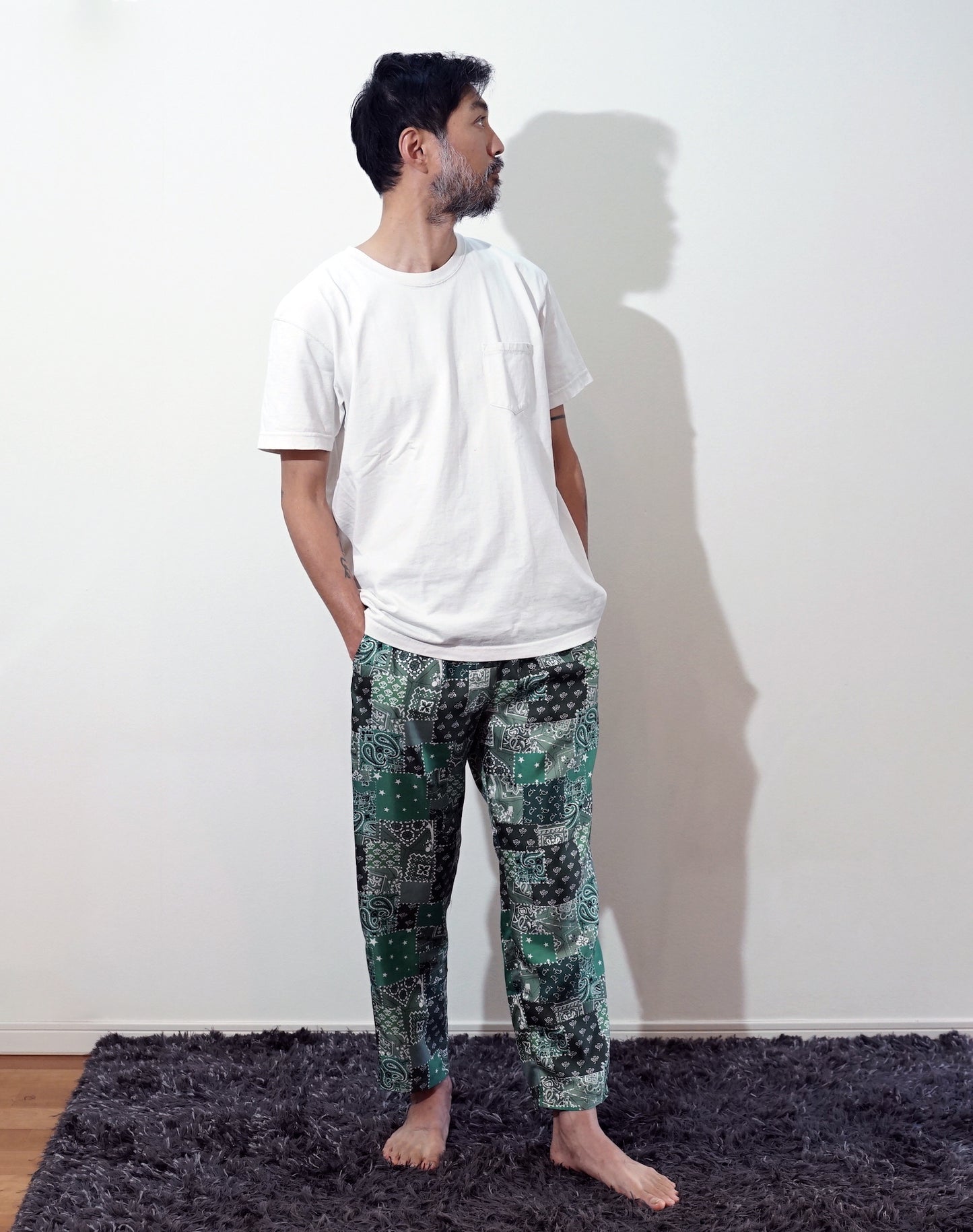 OTT21-19a BD PATCHWORK INKJET PRINT SILK100% PANTS (GREEN)