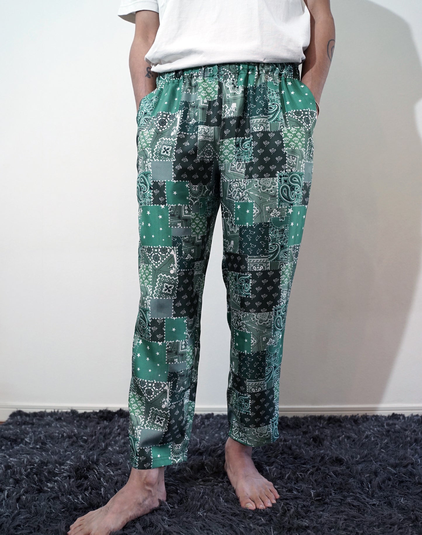 OTT21-19a BD PATCHWORK INKJET PRINT SILK100% PANTS (GREEN)