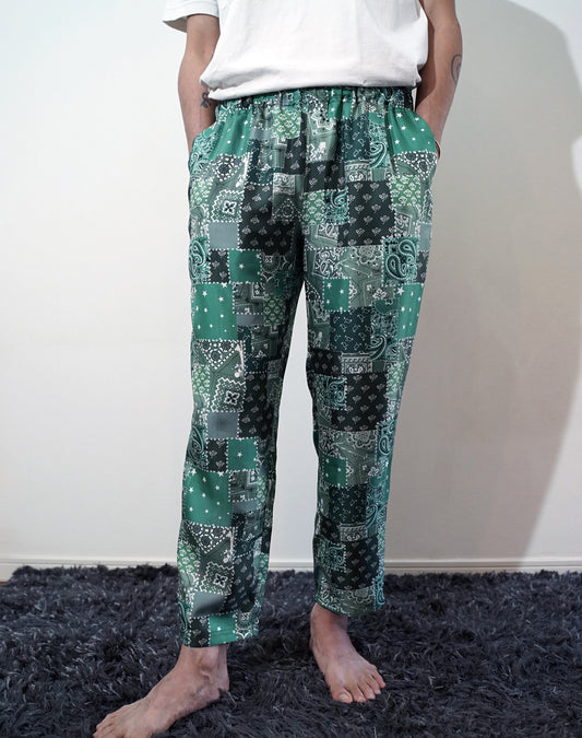 OTT21-19a BD PATCHWORK INKJET PRINT SILK100% PANTS (GREEN)