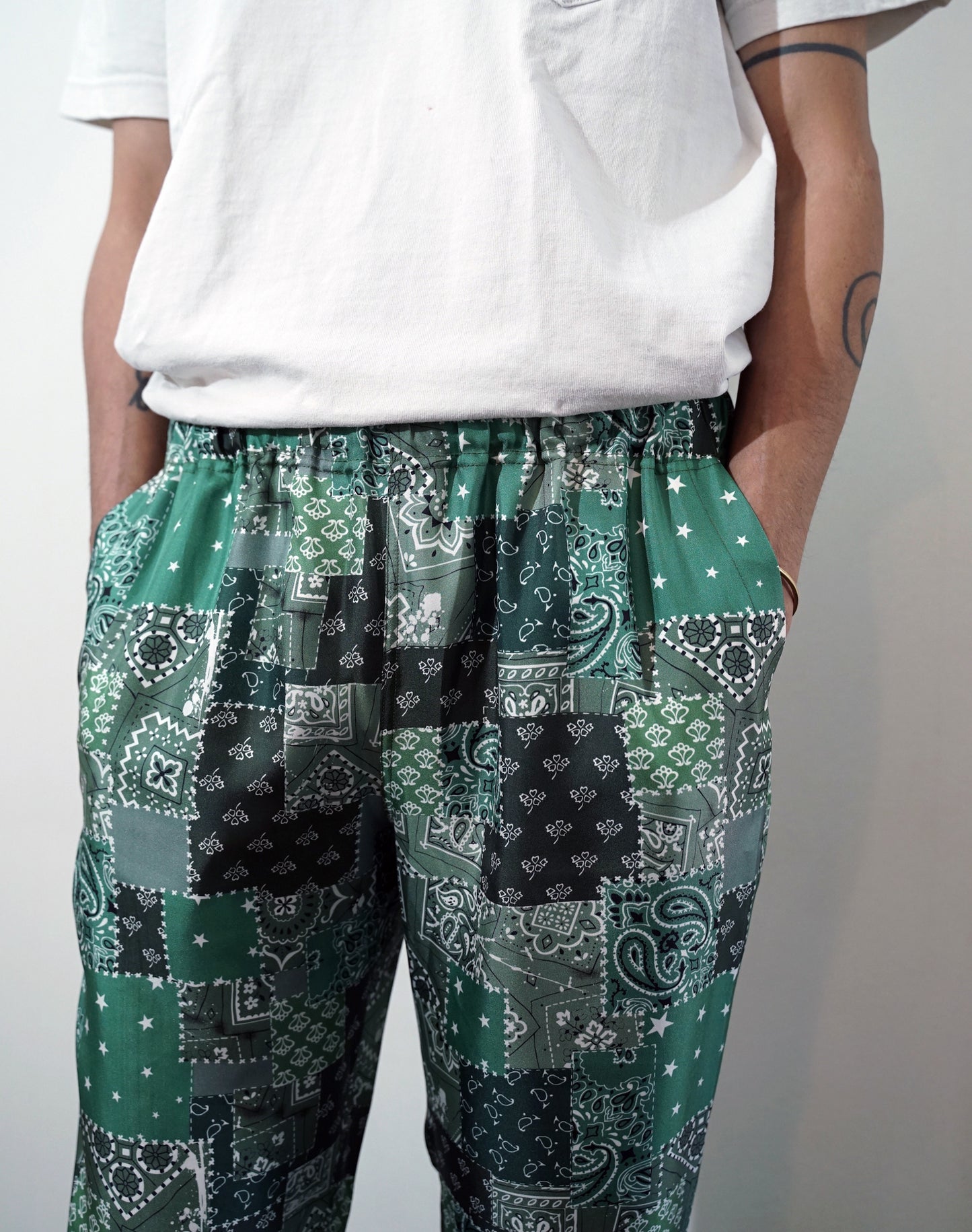 OTT21-19a BD PATCHWORK INKJET PRINT SILK100% PANTS (GREEN)