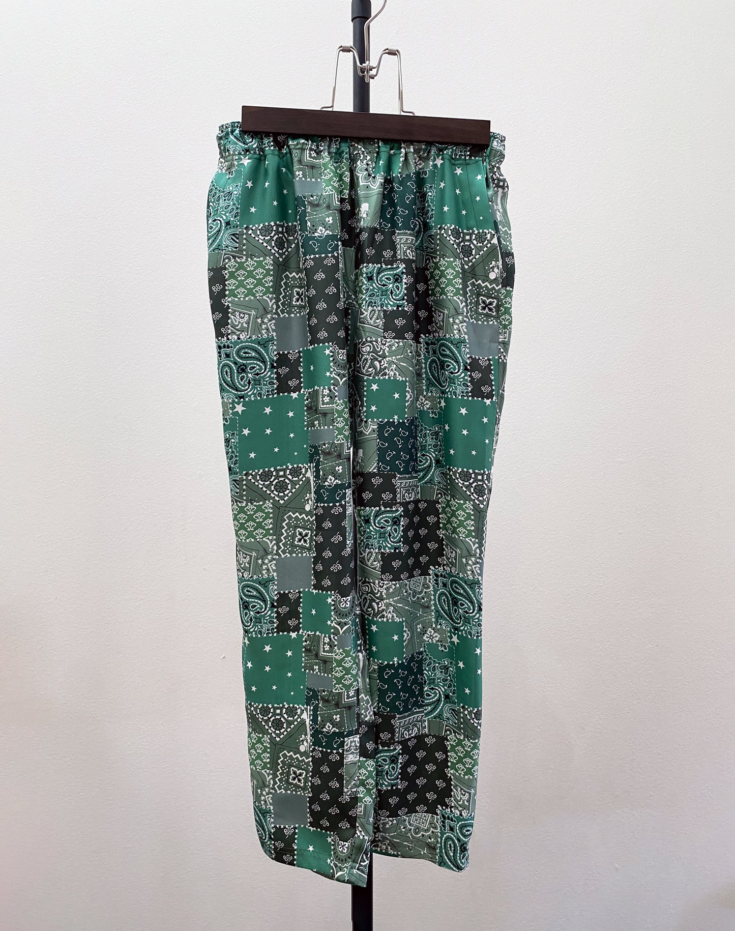 OTT21-19a BD PATCHWORK INKJET PRINT SILK100% PANTS (GREEN)