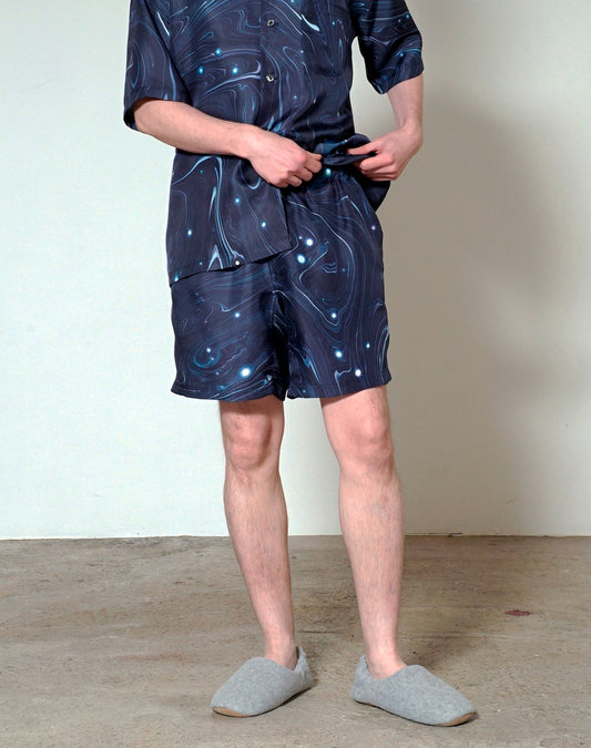 OTT22-08 NAVY MABLE INKJET PRINT SILK100% SHORTS